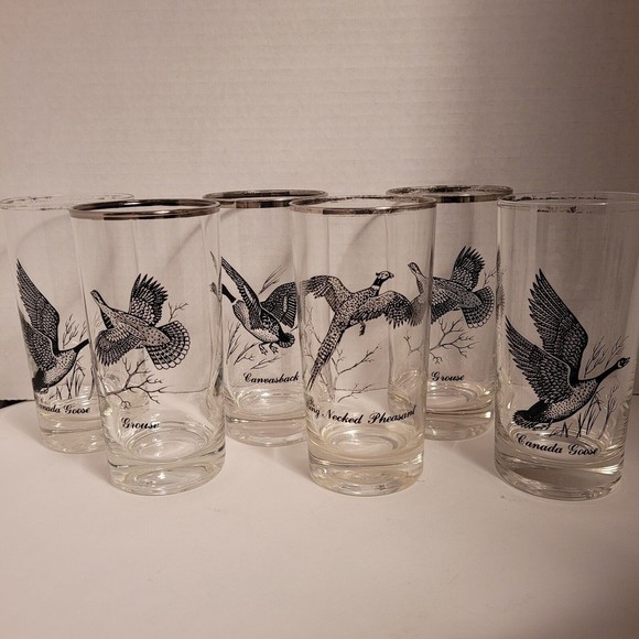 6 Vintage MCM Federal Glass Wild Game Bird Highball Glasses Silver Rim Sportsman - Picture 1 of 11